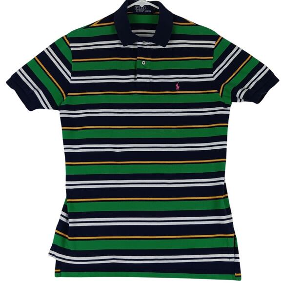 Polo Ralph Lauren Vintage Polo Shirt Men Medium Green/Blue Striped Luxury Preppy - Picture 3 of 11
